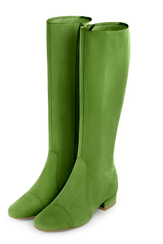 Grass green women's feminine knee-high boots. Round toe. Flat block heels. Made to measure. Front view - Florence KOOIJMAN